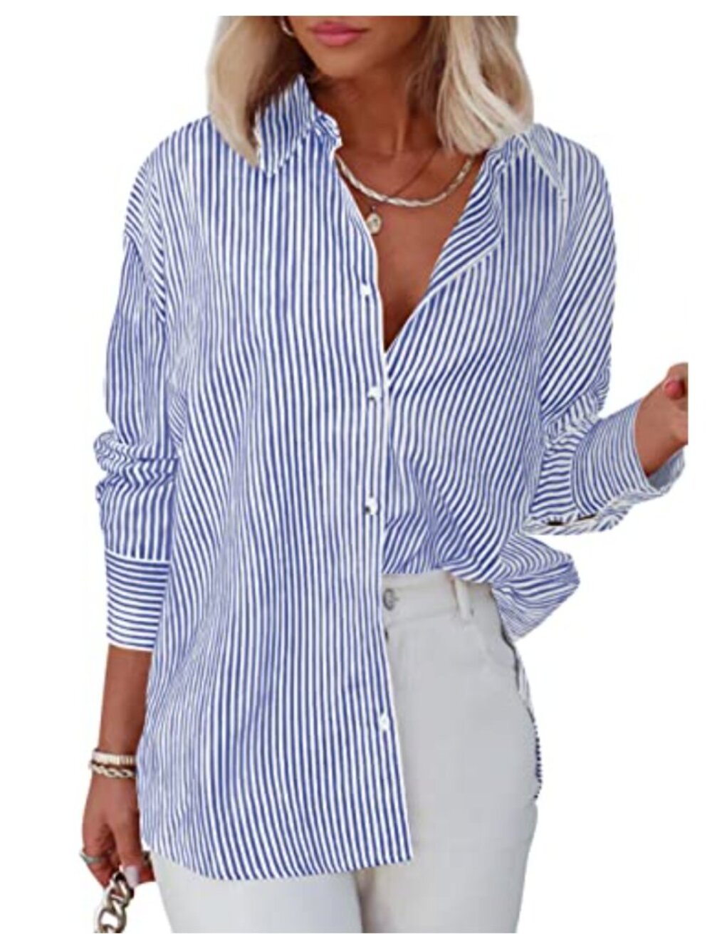 Striped Button Down Shirt Classic Long Sleeve V Neck Office Blouse Top